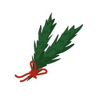 Festive evergreen branch tied with a red ribbon in flat style. Design for Christmas decoration, holiday card. Isolated on a white background. vector