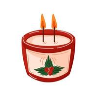 Aroma candle with red Christmas berries in a candlestick cartoon style. Calm and cozy atmosphere. Scented candles in jar. Design for poster, banner, postcard, sticker. Isolated on a white background. vector