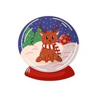 Christmas snow globe with deer, tree and ball inside in cartoon style. Holiday snowball with snowflakes for design greeting card. Isolated on a white background. vector