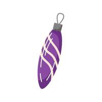 Purple elongated Christmas ornament with soft pink wavy line. Shiny Christmas ball with metallic loop at the top for hanging. Design for adding sophisticated touch to holiday decoration. Cartoon style vector