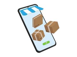 Parcel boxes or cardboard boxes flying out of smartphone after checkout. Online shopping concept of online shopping in online store in mobile app, or website, delivery logistics. isometric 3d vector