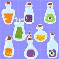 Potion bottles with colorful magic elixir stickers set. Glass flasks with poison in hand drawn style vector