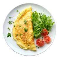 Omelet with tomato and salad on a white plate png