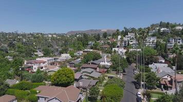 Aerial view of the tall California palm trees with the Hollywood sign in the background. Californian summer vibes. Beverly Hills drive video