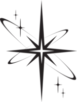 Line icon of star. Y2k shiny element. Sparkles and glitter symbol. Retro graphic of minimal figure. Magic black twinkles sun and moon with cosmic orbits png