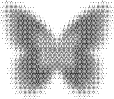 Bitmap pattern abstract butterfly shape. Halftone gradient element. Dither noisy grunge texture. Graphic abstract icon. Noisy grunge texture. png