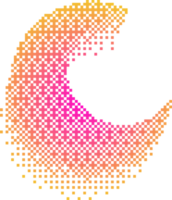 Pixel pattern crescent shape. Textured moon with bitmap Y2k dither gradient. Retro with old computer game graphic effect. Halftone illustration png