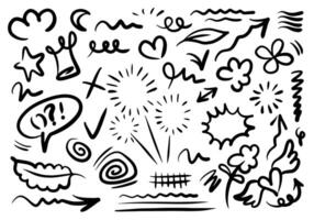 Hand drawn marker simple elements set. Grunge doodle underlines, icons, emphasis, speech bubbles, arrows and shapes vector