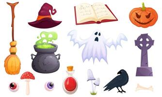 Halloween magic elements set. Witchcraft cartoon items collection isolated ob white. Game ui icons. vector