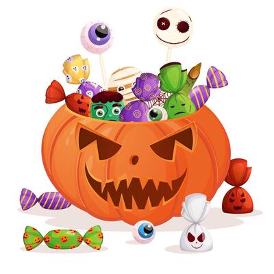 Halloween scary pumpkin bucket with spooky sweets. Trick or treat party poster element isolated on white.