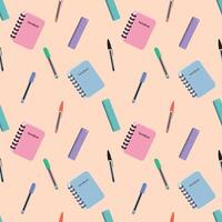A seamless random pattern of ballpen,ruler, and notebook on a cream background in a school object minimal concept vector