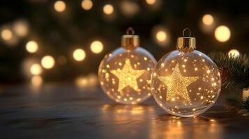 Decorative Christmas ornaments with glowing stars on a wooden surface. photo