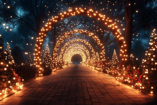 A beautifully lit pathway adorned with glowing arches and festive trees. photo