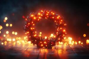 Christmas wreath on a dark background with lights photo