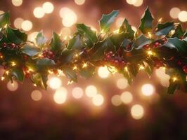 Christmas lights and holly berries on a blurred background photo