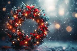 A festive wreath adorned with lights and red decorations, set in a snowy backdrop. photo