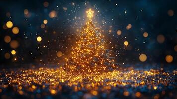 A glowing Christmas tree adorned with lights and a star, surrounded by sparkles. photo