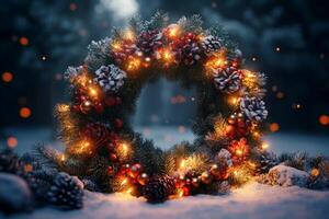 Christmas wreath with lights in the snow photo
