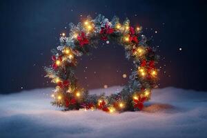 A festive Christmas wreath adorned with lights and red bows, set on snow. photo