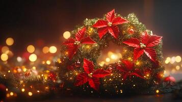 Christmas wreath with red poinsettia flowers on dark background photo