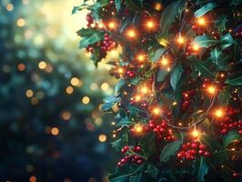Christmas lights on a tree with holly berries photo