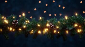 Christmas lights on a branch with pine cones photo