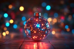 A christmas ball on a wooden table with lights photo