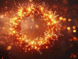 A glowing, festive wreath surrounded by sparkling lights and a warm ambiance. photo