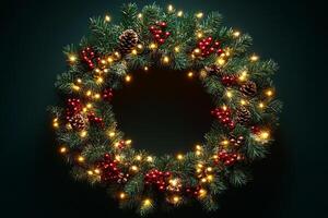 Christmas wreath with red berries and pine cones on a dark background photo