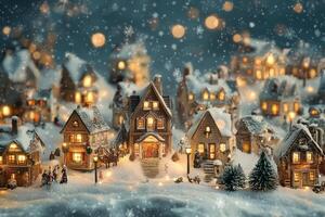 A small town with houses and trees in the snow photo