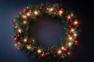 Christmas wreath with red balls and christmas lights on a dark background photo