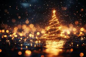 A glowing Christmas tree reflected on a surface with sparkling lights. photo