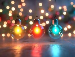 Three colorful christmas lights hanging from a string photo