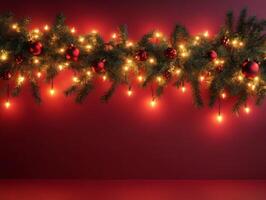 Navidad guirnalda con rojo luces en un rojo antecedentes foto
