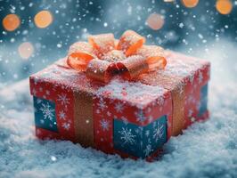 A red gift box with snow on it photo