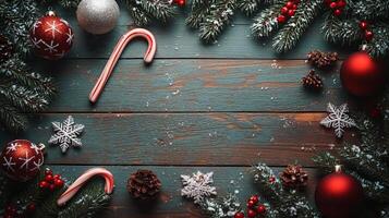 Christmas background with red and green decorations on wooden table photo