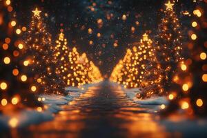 A serene, illuminated pathway lined with Christmas trees and festive lights. photo
