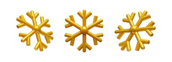 3d render set of gold snowflake. Three-dimensional Merry Christmas collection decoration. illustration for New Year holiday. Realistic ice weather crystal flake shape. Metallic Snow symbol vector