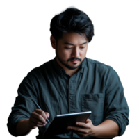 Man with a beard using a tablet, with a concentrated expression and relaxed posture png
