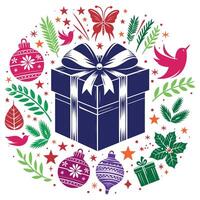 Christmas gift box with Christmas ball butterfly dove lear and star design template Concept Isolated illustration on a white background vector