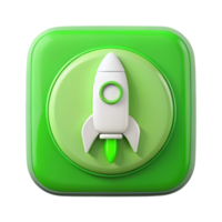 Green rocket launch button icon with modern 3d design, ideal for startup, innovation, app launch, game interface, or business activation projects png