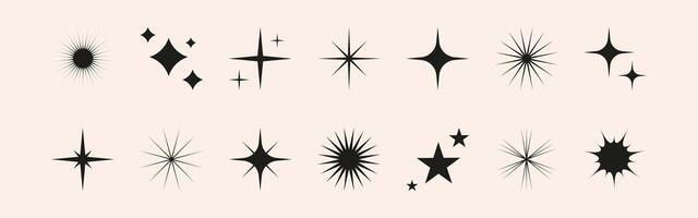Set of shiny sparkle, star and sun shapes. Abstract glow, explosion and blink effects for celebrate party design. Twinkle glitter and flash graphic elements. Isolated illustrations. vector