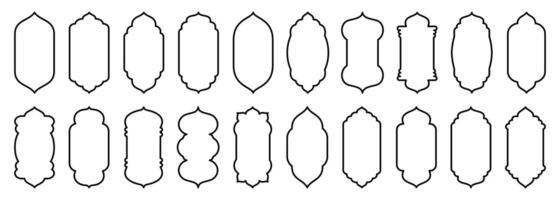 Set of shape Islamic arch, door and window silhouette Arabic arch. Collection of patterns in oriental style. Frames in Arabic Muslim design for Ramadan Kareem stroke isolated on white vector