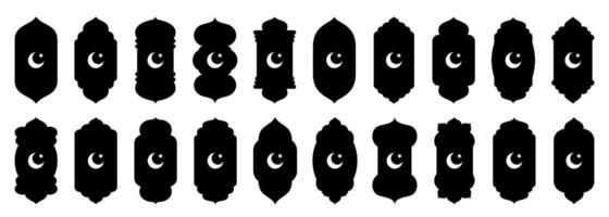 Shape Islamic door, arch and window silhouette Arabic with crescent moon. Collection of patterns in oriental style. Frames in Arabic Muslim design for Ramadan Kareem. gate mosque isolated on vector