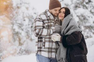 Happy beautiful couple resting and drinking hot tea in the forest in winter in the mountains photo