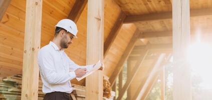 Construction engineer in white helmet. Developer with construction documentation on the background of wooden building under construction. Portrait of smiling architect near eco friendly house. photo