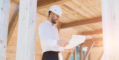 Construction engineer in white helmet. Developer with construction documentation on the background of wooden modular building under construction. Portrait of smiling architect near eco friendly house. photo