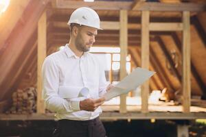 Architect wooden buildings. Man stands under frame wooden house. Man architect studies documentation or blueprints. Guy in protective helmet at construction site. Architect under timber framed house photo
