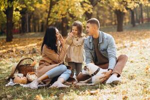 Portrait of happy young family sitting on blanket together and playing with dog in autumn park photo