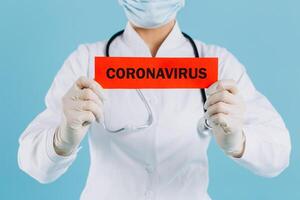 Doctor woman with surgical mask pointing to red paper with mesaage Coronavirus, isolated on blue background photo